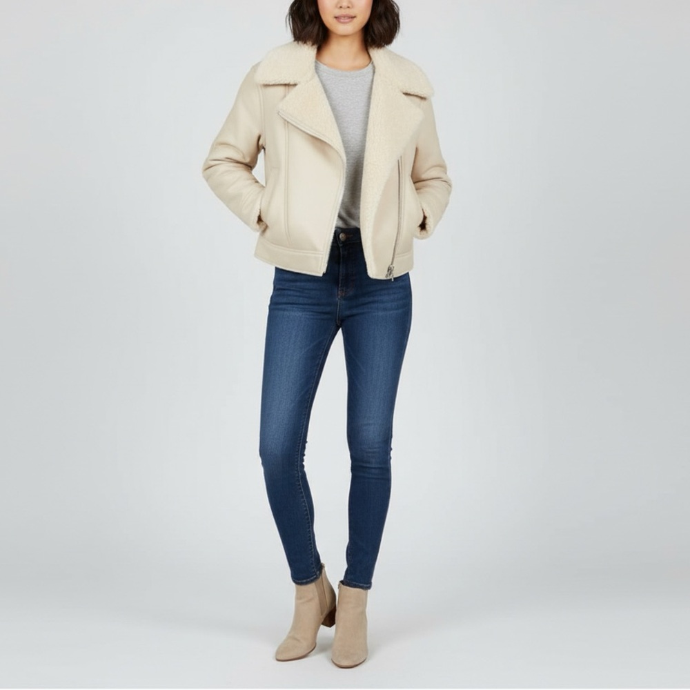 Abercrombie & Fitch Vegan Leather Aviator Jacket Shearling Beige Size L NWT - Picture 2 of 8